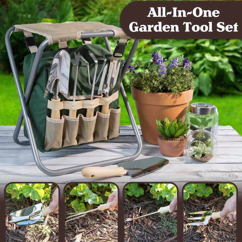 Pure Garden Folding Garden Stool with Tool Bag Plus 5