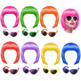 7 Pieces Party Wigs and 7 Pieces Sunglass Set, Neon Short Bob Wig Sunglass Pack Costume Colorful Cosplay Wig Daily Party Hairpieces for Bachelorette Neon Party Favors, Halloween and Decorations
