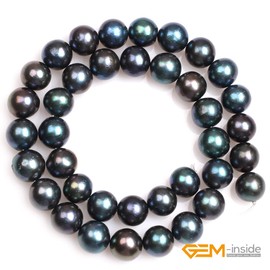 GEM-Inside 11mm Black with Peacock Green Luster Round Pearls Loose Stone Beads for Jewelry Making Strand 15"