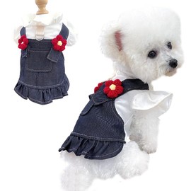 ANIAC Denim Small Puppy Dress 3D Flowers Girl Dog Clothes with D-Ring and Pocket Female Cat Harness Dresses Cute Shih Tzu Yorkies Chihuahua Outfits Summer Pet Clothing (X-Large)