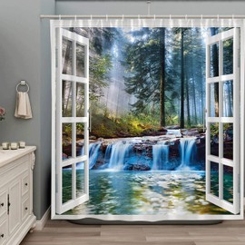 Forest Waterfall Shower Curtain Green Tree Tropical Rainforest River Stone Jungle Landscape Spring Nature Scenic Fabric Bathroom Decor Set with Hooks 70Wx70H Inch