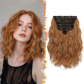 BARSDAR Short Wavy Clip in Hair Extensions - 12 Inch Ginger Clip in Hair Extensions for Women - 6PCs Thick Soft Synthetic Clip in Hairpieces Hair Extensions Daily - Medium Reddish Blonde