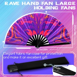 Pinkunn 10 Pcs UV Glow Large Rave Hand Folding Fan with Bamboo Ribs and Case Craft Rave Rainbow Hand Fan for Drag Queen Dance Music Festival Party Gifts (Popular)