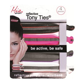 Mia Sport Tony Ties, Reflective Knotted Ribbon Elastic Hair Ties, 2 in 1 Ponytail Holder Wristband, Black, Pink, Gray, White, For Athletes, Women, Girls 4pcs