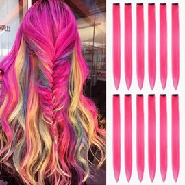 EXTACIO 12pcs Clip in Hot Pink Hair Extensions Mix tinsels,22 Inch Colored Hair Extensions,2 in 1 Rainbow Hair with Silver Tinsels,Kids Hair Extensions,Colorful Party Highlights for Kids Girls