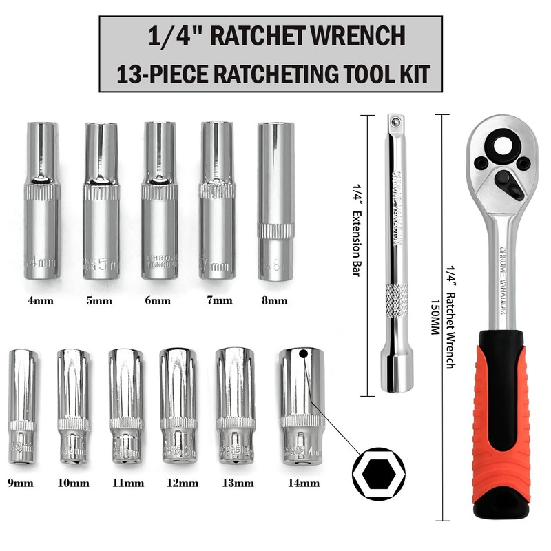 JinPhon 1/4 Inch Professional Ratchet Set, Socket Spanner Set 1/4,