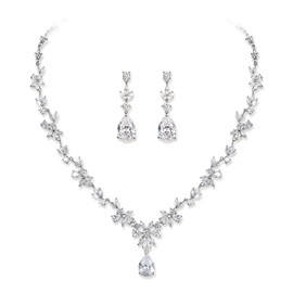 Clearine Cubic Zirconia Jewellery Sets for Bride Elegant Teardrop Marquise Leaf Cluster Pendant Necklace and Earrings Set, Cubic Zirconia, Cubic Zirconia