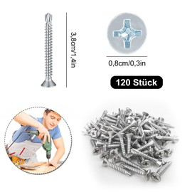 120 Pieces 4.2 x 38 mm Sheet Metal Self Tapping Screws, 410 Stainless Steel Phillips Countersunk Flat Head, Self Drilling