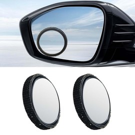 2PCS Bling Round Car Blind Spot Mirrors, 2'' Crystal Diamond Adjustable 360° Wide Angle Car Side Rear View Mirror, HD Glass Convex Mirror with Frame for Cars, Trucks, SUVs (Black)