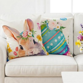 2 Pcs Easter Pillow Covers 18x18 - Watercolor Bunny & Egg Pillow Covers, Linen Decorative Throw Pillows for Couch, Easter Decorations for Home, Indoor/Outdoor Spring Couch Pillow Decor