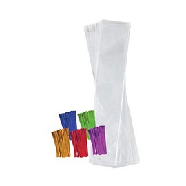 Purple Q Crafts Clear Plastic Cellophane Bags with 4" Colored Twist Ties for Gifts Party Favors (2"x10" 100 Pack)