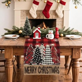 Camino de Mesa Navidad Estampado, Camino de Mesa Invierno Diseño de Árbol de Navidad para Decoración de Fiestas de Navidad, Adornos Navideños de Mesa 
