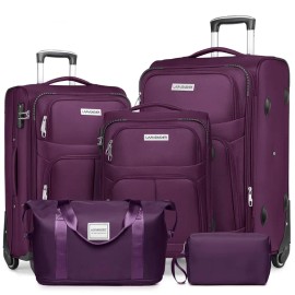 5-Piece Fabric Luggage Set (20/24/28 Inch) - Lightweight Expandable Travel Suitcase Trolley with Travel Bag & Toiletry Pouchluggage size: 20/24/28+2 bags, color: White-Purple