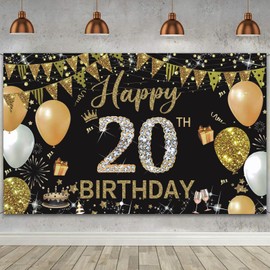WVMNQO Happy Birthday Banner, Luxury 20th Birthday Decorations, Black Gold, 180x110cm