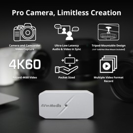 AVerMedia BU113G2 CamStream 4K – 4K60 USB Video Capture Card for DSLR, Camcorder, GoPro – Plug & Play, Low Latency Streaming for OBS, Zoom, Teams, Twitch – Works with Windows, macOS, iPadOS, PC