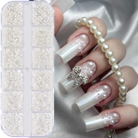 12Grids Pearls Nail Charms Nail Art Rhinestones for Acrylic Nails 3D Multi Sizes Half Round Pearl Nail Charms White Flat Back Design Nail Jewelry for Women DIY Nail Art Crafts Decoration Supplies