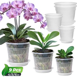 T4U Orchid Pot, 9 Pack Orchid Pots with Holes and Saucers for Repotting, 3 Each of 4.3, 5.5 and 6.3 Inch, Clear Plastic Flower Plant Pot for Indoor Outdoor Plants, Orchids Planter for Root Health