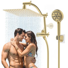 Hibbent All Metal cUPC Certified Shower Head, 10'' High Pressure Rain Shower Head, Handheld Showerhead Combo with 16'' Adjustable Extension Arm, 10 Sprays, 71'' Hose, Shower Holder, Brushed Gold