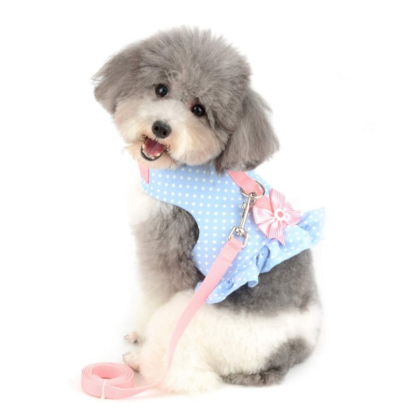 SMALLLEE_LUCKY_STORE Pink Bow Dots Print Cat Small Dog Harness Dress