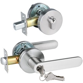 HISAFE Keyed Alike Exterior Door Lock Set for Front Door and Office, Heavy Duty Lever Door Handle with Single Cylinder Deadbolt, Brushed Nickel Finish