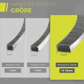 GECKOSEAL GeckoSeal 6m Brstendichtung Selbstklebend, 9mm(B) x 15mm(D), Brstendichtung fr Fenster, Schiebetr, Brstendichtung Rolladen fr Kleiderschr?nk, Trbrstendichtung fr Insektenschutz - Grau