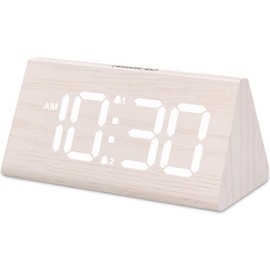Odokee Wooden Digital Alarm Clock for Bedroom: Electric Desk Clock with Large LED Display - White