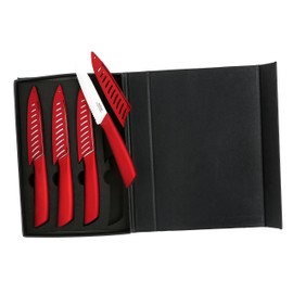Melange 8-Piece Ceramic Steak Knife Set with Metallic Red Handle and White Blade