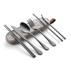 Tongke Cutlery Set, Reusable Stainless Steel Travel Cutlery Kit, Portable Flatware Set, Travel Camping Utensil Dinnerware Set with a Waterproof Case (8-Pieces Black)