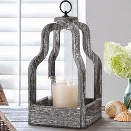 Wood Lantern Decor, Rustic Decor Candle Lantern, Outdoor Lanterns Farmhouse Candle Holder, Decorative Wedding Farmhouse Table Decor, Brownish Grey