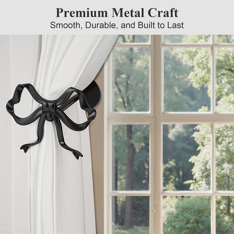 Tocemei 2 Pack Black Bow Curtain Holdbacks, Modern Matte Metal