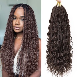 18 Inch 7 Pack Goddess Box Braids Dark Brown Bohemian Crochet Boho Box Braids With Curly Ends Pre-looped Crochet Braids Hair for Women Synthetic Braiding Hair Extensions,4#