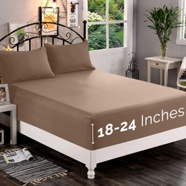 Elegant Comfort 1500 Premium Quality Fitted Sheet Ultra Soft 18-24 Inch Extra Deep Pocket - Single Fitted Sheet for High Mattress - Wrinkle Free with Smart Storage Pockets, California King, Taupe