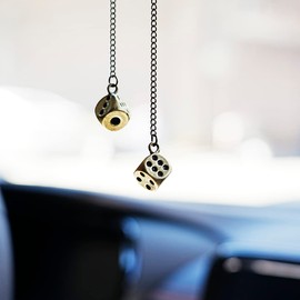 AMIORO Creative Hanging Dice with Dots Car Metal Pendant Rear View Mirrors Charms Ornament (Brass)