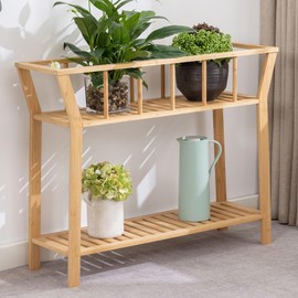Nnewvante Bamboo Plant Stand Indoor 37.4"x11" 2 Tier Tall Plant Table Shelf Flower Pot Organizer Holder, Sofa Entryway Table for Window-sill Living Room Balcony