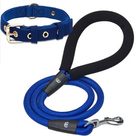 Blueberry Pet Classic Modern Iconic Matching Dog Collar and Rope Leash Set in Blue, Adjustable Neoprene Padded Collar with 4 ft Neoprene Handle Leash for Small Dogs