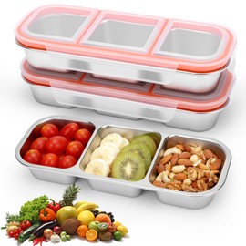 3pcs Caja para aperitivos de acero inoxidable, recipientes aperitivos de 3 compartimentos con tapas, fiambrera metálica reutilizable, para el colegio 
