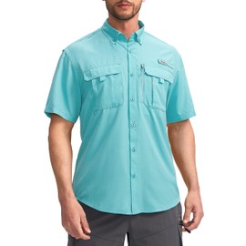 Pudolla Men's Fishing Shirts Short Sleeve Travel Work Shirts Summer Button Down Shirts for Men UPF50+ with Zipper Pockets(Waterfall, X-Large)