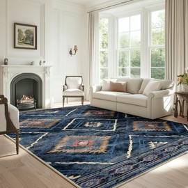 BESTSWEETIE 5x7 Area Rug Machine Washable Non-Slip Low Pile Print Pattern Western and Aztec Rug for Living Room Bedroom Entryway-Darkblue