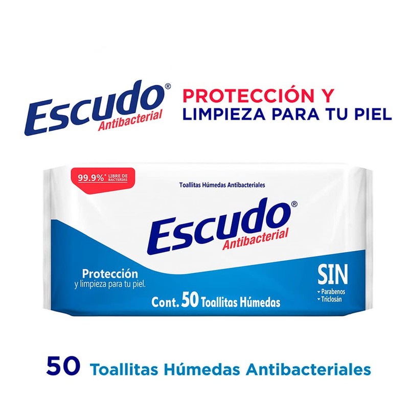 Escudo Antibacterial Toallitas Húmedas, 1 Paquete con 50 Toallitas, Protección