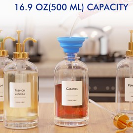 16.9 oz (500 ml) Coffee Syrup Dispenser Set- 4 Glass Bottles with Gold Pumper and Syrup Labels - Precise Dispensing and Stylish Addition to Coffee Shop, Cafe or Home Bar