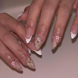 White French Tip Press on Nails 3D Flower Fake Nails Medium Almond Shape Glue on Nails Full Cover Stick on Nails Cute Flowers Acrylic Nails Glossy Artificial False Nails for Women Girls Manicure