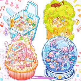 4 Sets DIY 3D Fun Mini Animal Theme House Sticker Scenes with Tweezers Make Your Own Bakery Cat Cafe Supermarket Marine Scene Stickers Cute Micro Room Stickers for Relief Stress Pass The Time