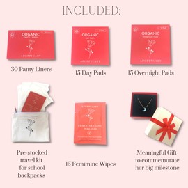 Organic Period Kit for Tween Girls 9-12 - Certified Organic Cotton -Includes 30 DayPads, 15 Regular TeenPads, 15 OvernightPads, 15 Natural Feminine Wipes, A Pre-Stocked to-Go Period Kit & More
