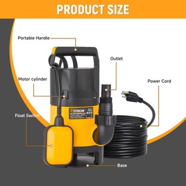 Hoteche Submersible Sump Pump 1/2 HP Portable Utility Thermoplastic Water Pump 2000GPH Heavy Duty High Flow Pump for Basement, Flooding, and Pool Draining