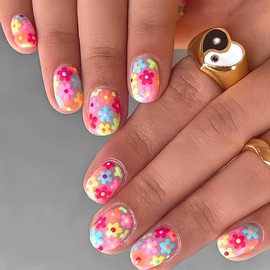 Colorful Cute Nails - False Nails Short Oval with Flower - Removable Summer Rainbow Acrylic nails - 24pcs Long Lasting Stick on Nails for Women Girls Nail Art