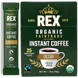 Rex Coffee Organic Fairtrade Natural Decaf Freeze-Dried Instant Sticks – Naturally Decaffeinated Arabica, 25 Single-Serve Packs – Lab Tested for Mold, Mycotoxins, Heavy Metals, & Acrylamide