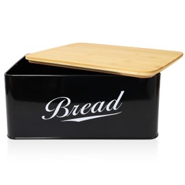 RoyalHouse Modern Metal Bread Box with Bamboo Cutting Board Lid, Bread Storage Container for Kitchen Counter, Vintage Kitchen Decor Organizer - Black