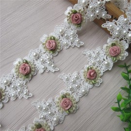 100cm Vintage Pearl Rose Flowers Lace Trim Fabric Rhinestone Embellishment Floral Appliques Lace Ribbon Ornaments Handmade DIY Sewing Craft for Costume Hat Decoration 1.96" Wide (White)