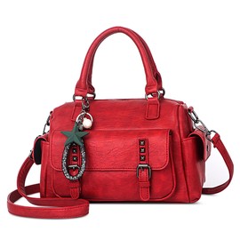 SODOLLEE Handbag Women Top Handle Bag with Exquisite Pendant Retro Ladies Shoulder Bag PU Leather Crossbody Bag for Travel Shopping Business Red