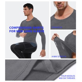 OVIYEGAIN Gray Men's Compression Shirts Long Sleeve Athletic Workout Hiking T-Shirts Active Sport Gym Base Layer Undershirt